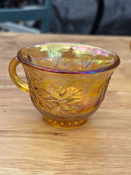 SET OF 12 AMBER CARNIVAL GLASS CUPS WITH LEAVES