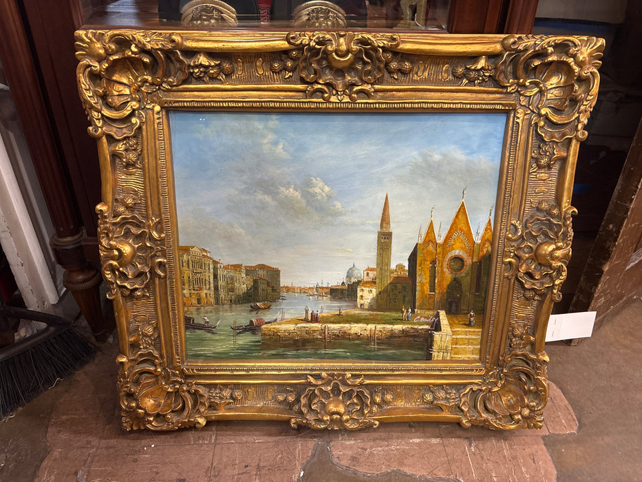 ORNATE GOLD FRAMED PAINTING OF VENICE CURCH AND CANAL - SIGNED C. BAILEY