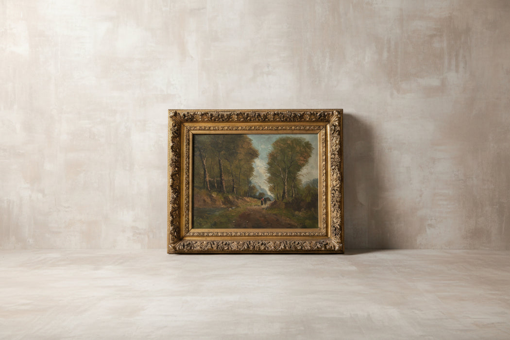 ORNATELY FRAMED LANDSCAPE OIL PAINTING WITH COUPLE ON PATH