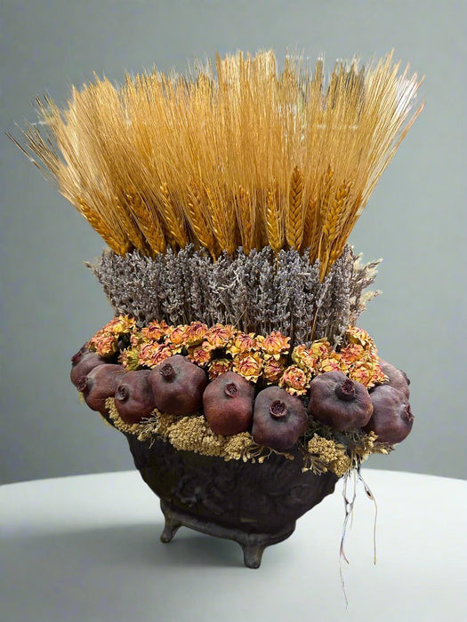 IRON PLANTER WITH DRIED AUTUMN ARRANGEMENT