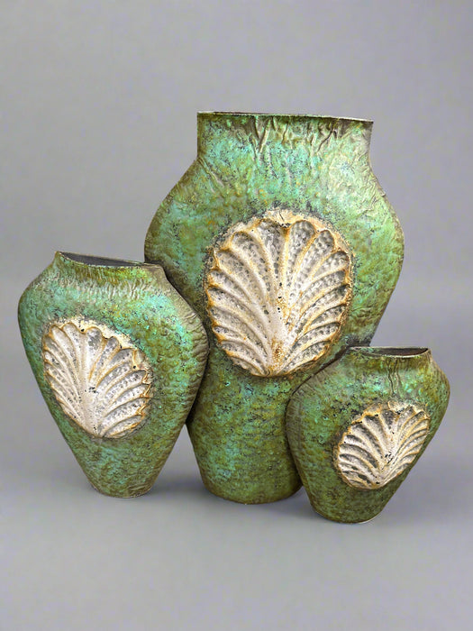WALL HANGING OF THREE GREEN VASES WITH SHELLS
