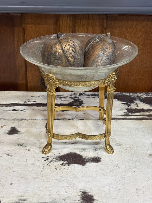 LARGE GILT PAW FOOT COMPOTE WITH CERAMIC FRUIT
