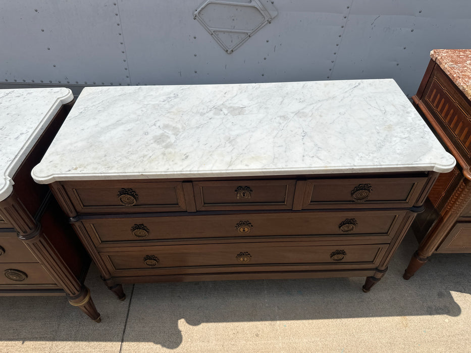 LOUIS XVI WHITE MARBLE TOP 3 DRAWER CHEST WITH RING PULLS