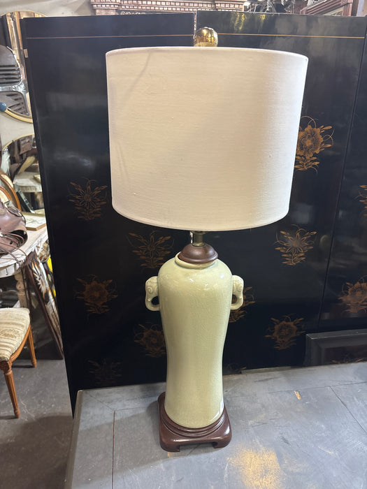 CELADON POTTERY ELEPHANT HANDLE TABLE LAMP WITH SMALL LINEN SHADE