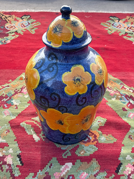 HAND PAINTED ORANGE AND BLUE URN WITH LID