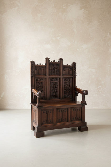 SMALL DARK CARVED GOTHIC OAK BENCH WITH LIFT SEAT STORAGE