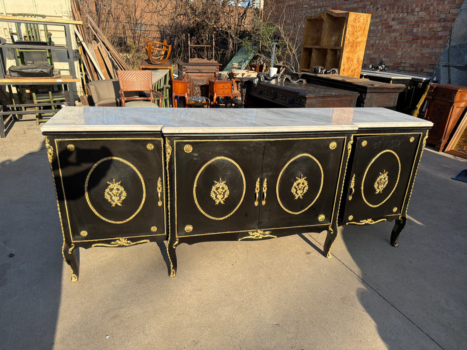 CONTEMPORARY NAPOLEON III MARBLE TOP PAINTED ORMOLU TRIMMED FOUR DOOR SIDEBOARD