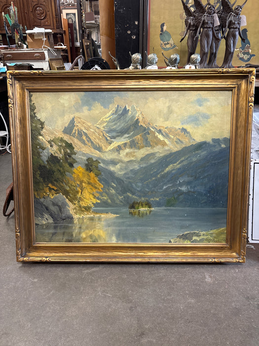 GILT FRAMED MOUNTAIN SCENE OIL PAINTING WITH LAKE - SIGNED