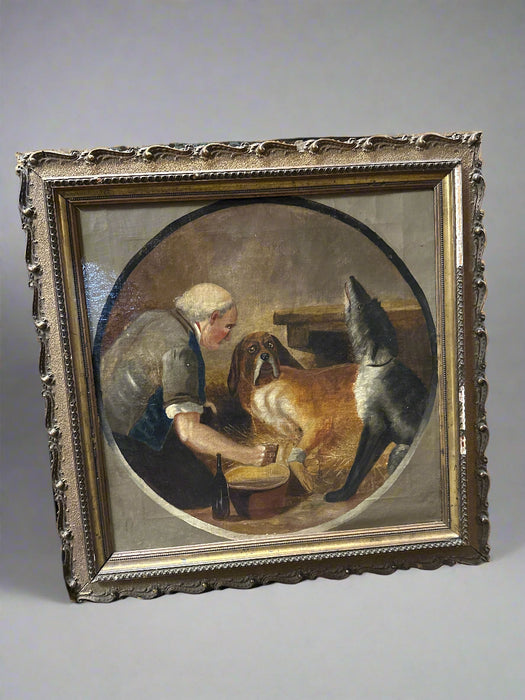 19TH CENTURY FRAMED SQUARE OIL PAINTING OF 2 DOGS AND CARETAKER