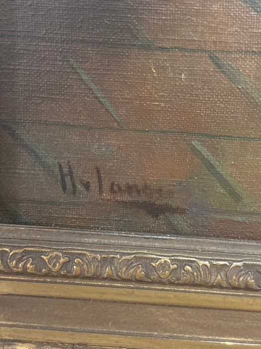 MEDIUM LATE 19TH CENTURY GILT FRAMED OIL PAINTING OF DUTCH WOMAN WORKING BY HEARTH - SIGNED