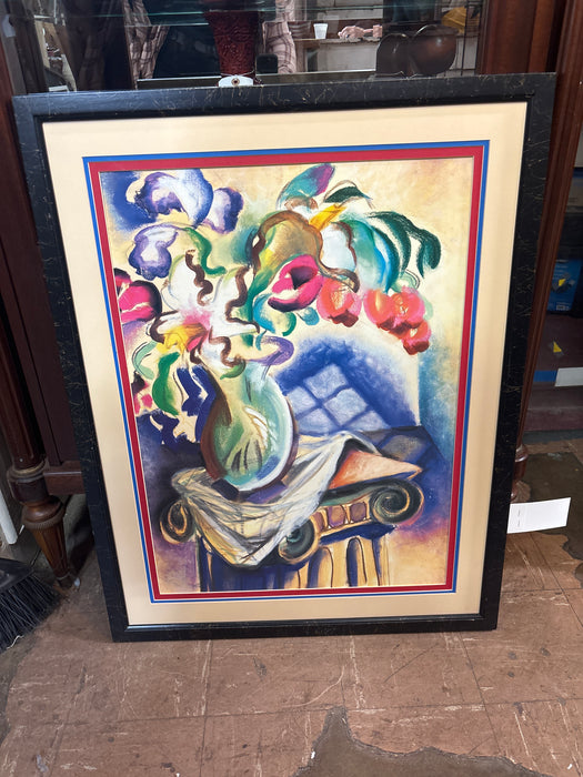 BLACK FRAMED VASE OF FLOWERS ON PEDESTAL MODERN ART