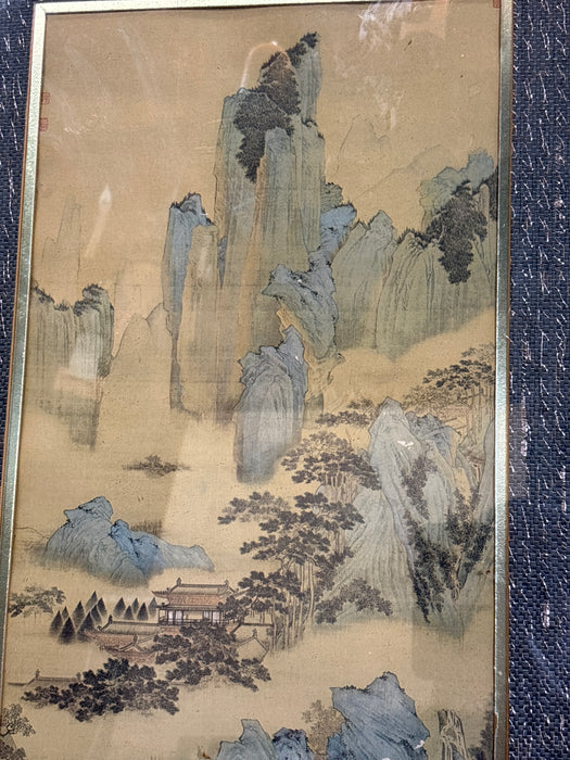 TALL GOLD BAMBOO FRAMED ASIAN PRINT OF MOUNTAIN VILLAGE