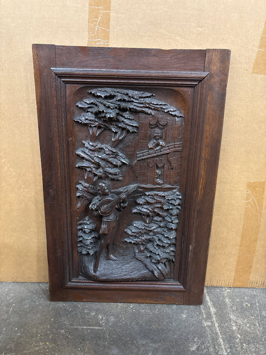 WOOD CARVED SCENE OF WEOMAN BEING SERENADED
