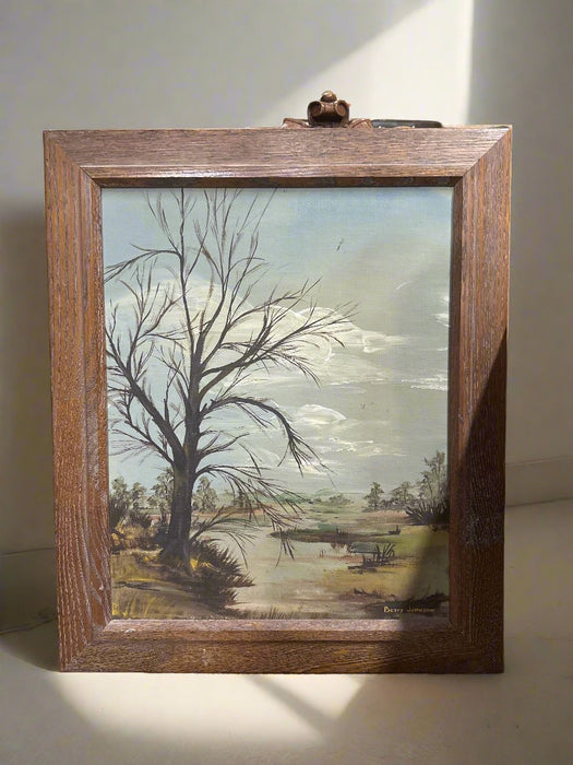 OAK FRAMED PRIMATIVE LANDSCAPE OIL PAINTING WITH TERR AND POND-SIGNED BETTY JOHNSON