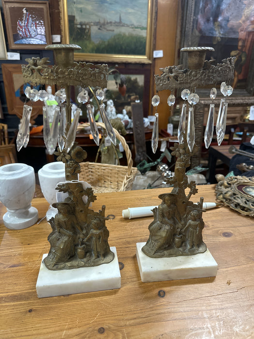 PAIR OF MARBLE BRASS AND PRISM CANDELABRAS