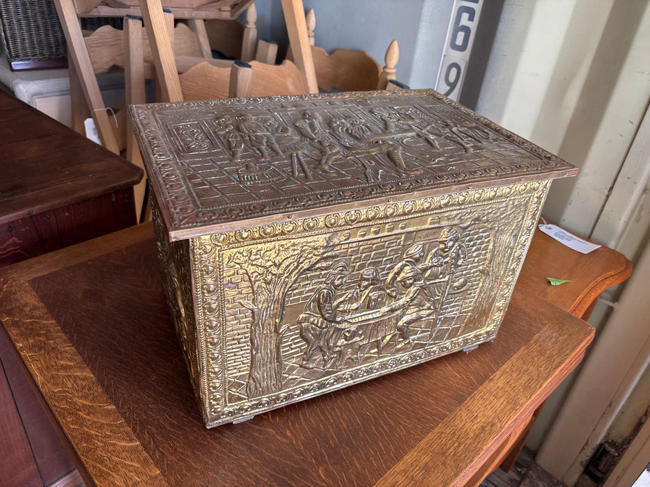 ENGLISH COAL HOD WITH BRASS EMBOSSED PUB SCENE