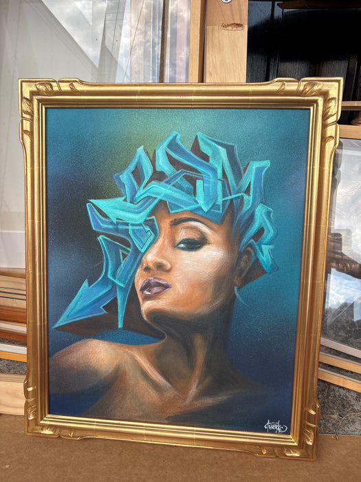 BEAUTIFUL PORTRAIT OF AFRICAN AMERICAN LADY WITH MODERN BLUE LINE EMBELLISHMENT GABBY