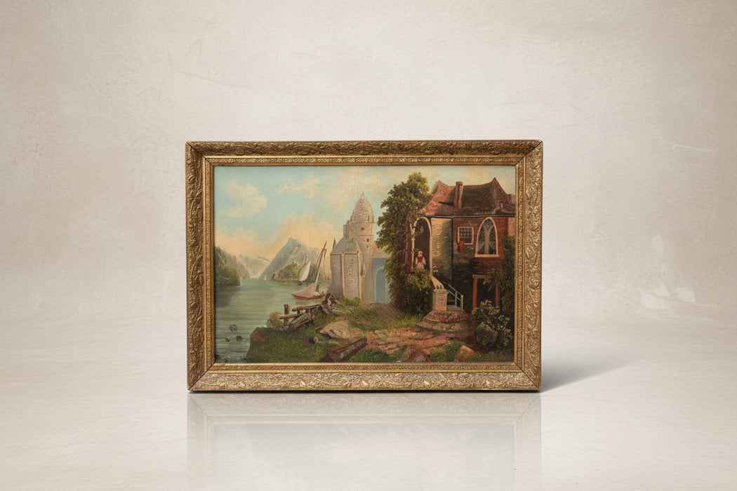 GERMAN LANDSCAPE OIL PAINTING WITH MOUNTAINS, SAILBOATS AND WOMAN EXITING HOUSE