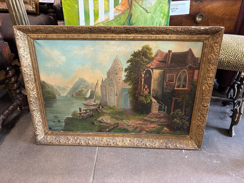 GERMAN LANDSCAPE OIL PAINTING WITH MOUNTAINS, SAILBOATS AND WOMAN EXITING HOUSE