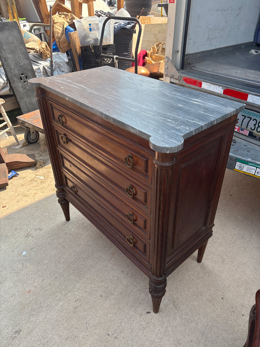 LOUIS XVI GRAY MARBLE TOP OAK 4 DRAWER CHEST - AS FOUND
