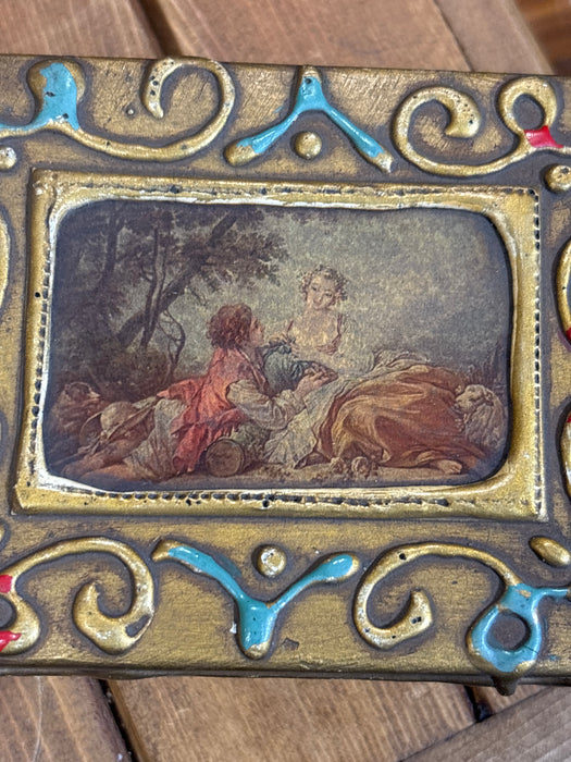 MEDIUM GOLD, RED AND BLUE FLORENTINE BOX WITH DECOUPAGE PAINTING OF COUPLE