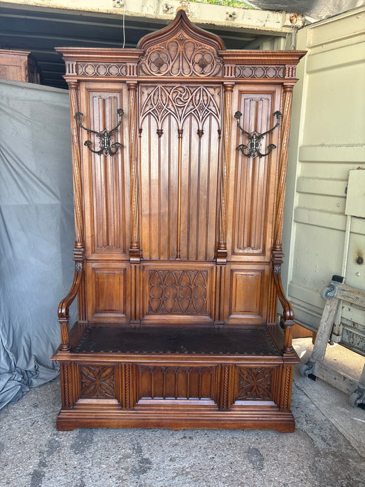 TALL CARVED 19TH CENTURY GOTHIC WALNUT HALL BENCH WITH LIFT SEAT STORAGE