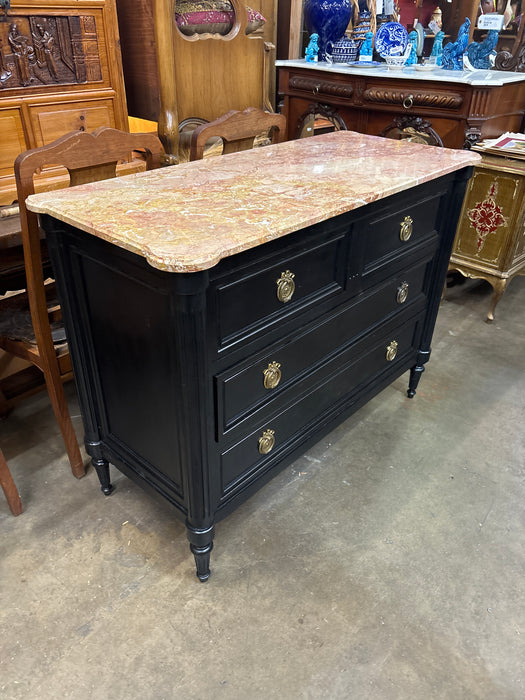 BLACK LOUIS XVI  MARBLE TOP 4 DRAWER CHEST