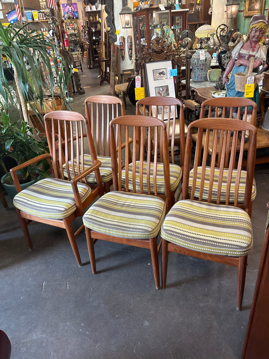 SET OF 6 BENNY LINDEN MID CENTURY MODERN OAK SLAT BACK GREEN UPHOLSTERED DINING CHAIRS 2 WITH ARMS