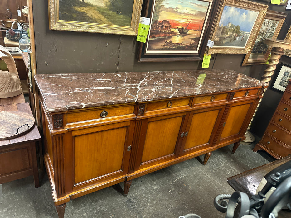LOUSI XVI CHERRY BROWN MARBLE TOP 4 DOOR SIDEBOARD