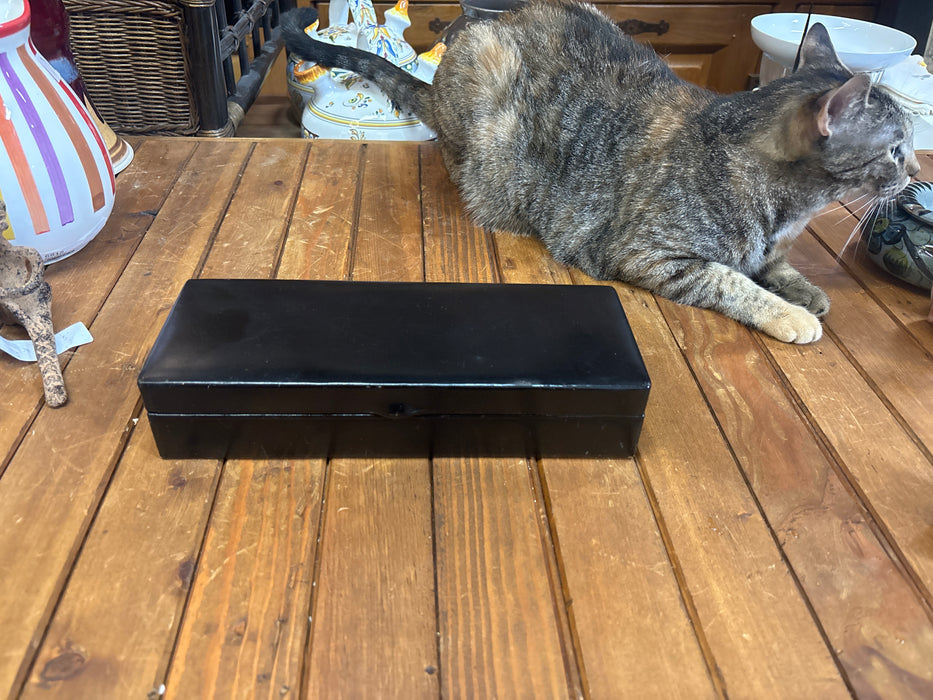 BLACK GAMING BOX WITH CARDS, DOMINOS, AND COLORED CHIPS