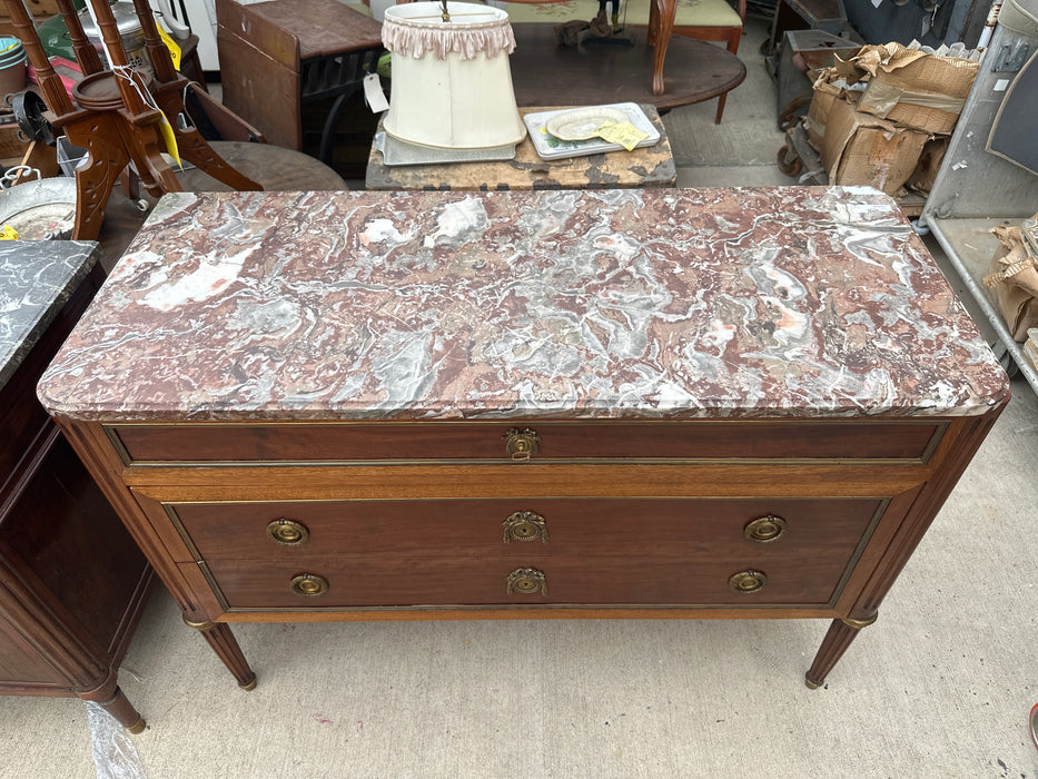 3 DRAWER LOUIS XVI MARBLE TOP CHEST ON LAVANTA LEGS-NEEDS NEW MARBLE