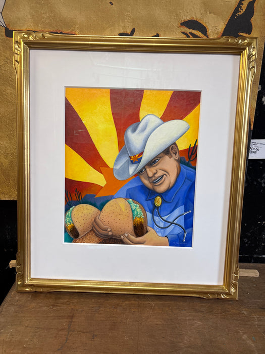 GOLD FRAMED MAN WITH TACO ACRYLIC PAINTING
