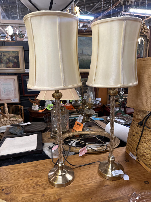 PAIR OF BRASS AND CRYSTAL LAMPS