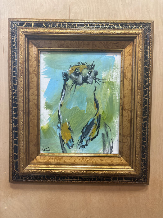 GOLD CRACKLE FRAMED "WHISKERS" ACRYLIC PAINTING OF OTTER - SIGNED LUS