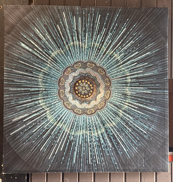 LARGE MODERN BLUE BEADED FLORETTE ON CANVAS