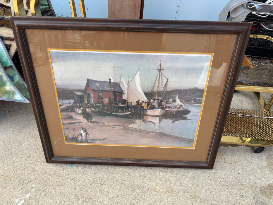 BROWN FRAMED SAIL BOAT PRINT WITH WHARF - SIGNED SESSTONE