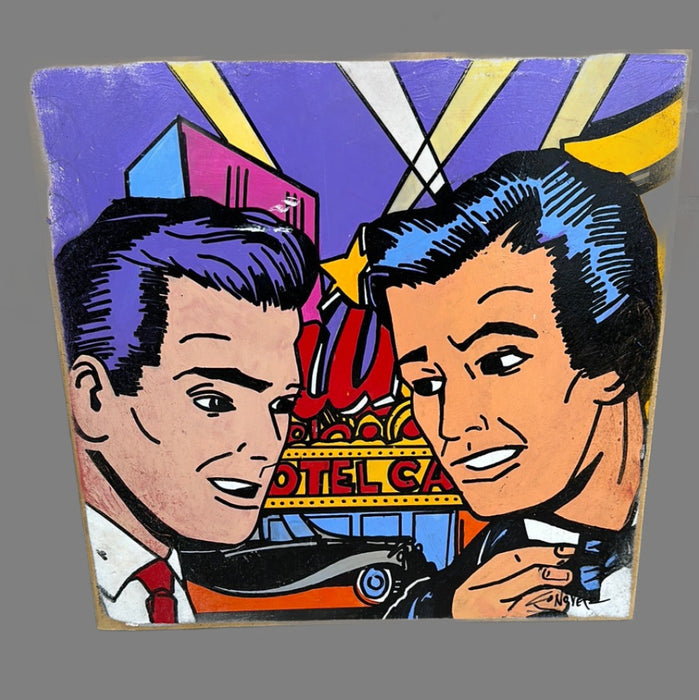 1960'S CARTOON PAINTING ON WOOD-2 MEN BY A MOTEL BY ROB CONOVER
