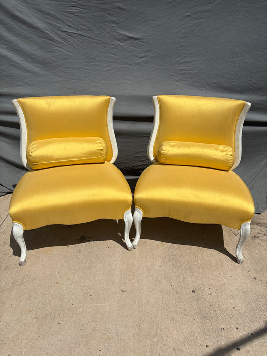 PAIR OF YELLOW SLIPPER CHAIR WITH BOULSTER PILLOWS
