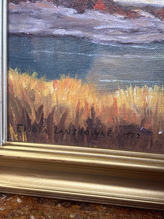 GOLD FRAMED AUTUMN MOUNTAIN SCENE WITH RIVER - SIGNED ELVORA LANSDOWNE 1972