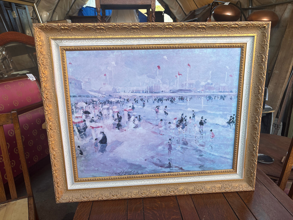 LARGE GOLD FRAMED IMPRESSIONIST GICLEE ON CANVAS PEOPLE AT THE BEACH - SIGNED