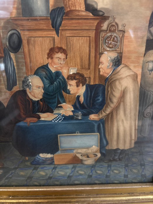 GILT FRAMED INTERIOR SCENE WITH BILL COLLECTER