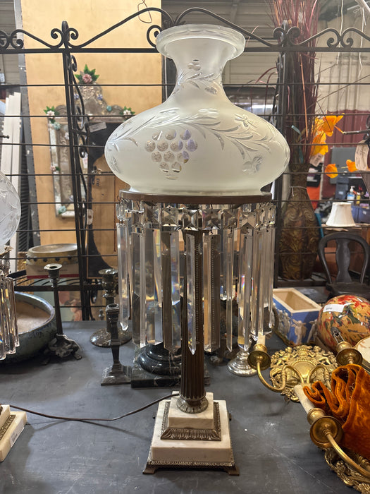 TALL BRASS COLUMN LAMP ON MARBLE BASE WITH LUSTERS AND ETCHED GLASS SHADE