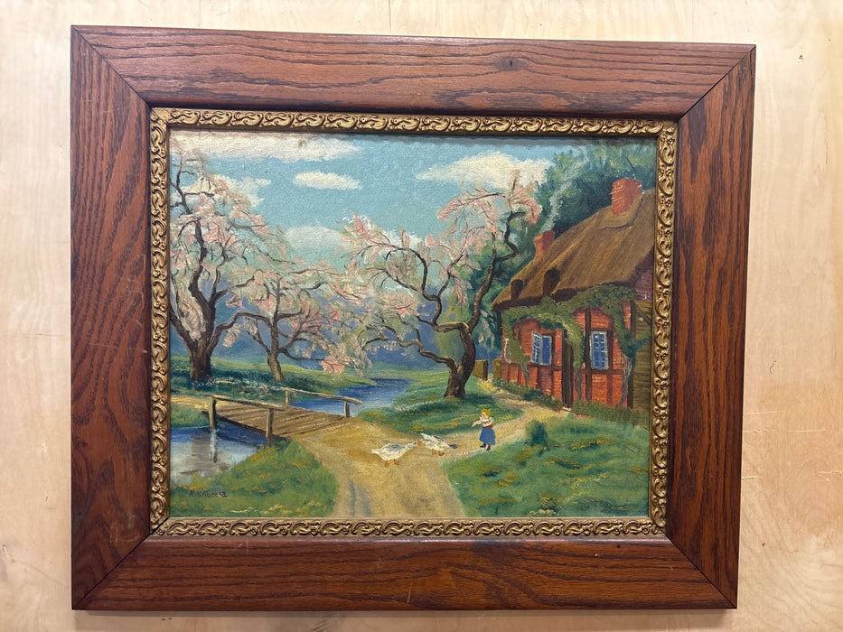 MEDIUM BROWN FRAMED OIL PAINTING OF GIRL FEEDING GEESE AT COTTAGE - SIGNED A. W. KUCERA