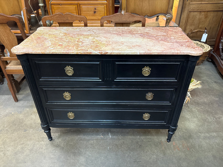 BLACK LOUIS XVI  MARBLE TOP 4 DRAWER CHEST