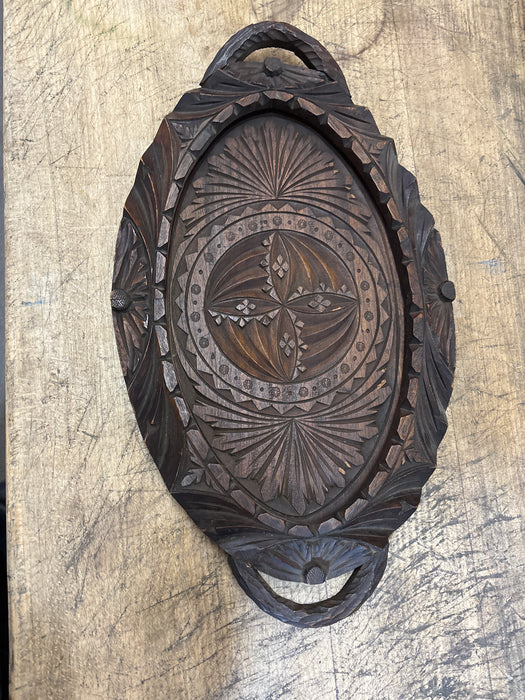 CARVED PINE OVAL TRAY WITH HANDLE