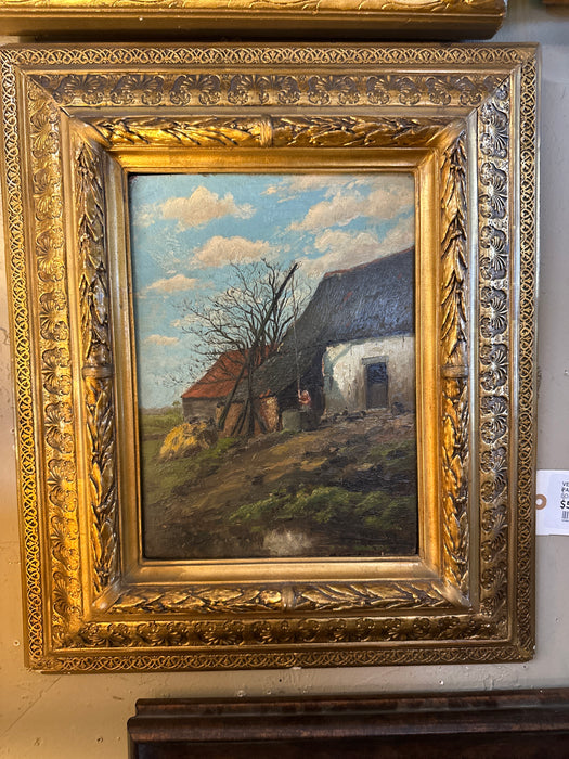 VERTICAL FRAMED OIL PAINTING OF LADY AT A WELL