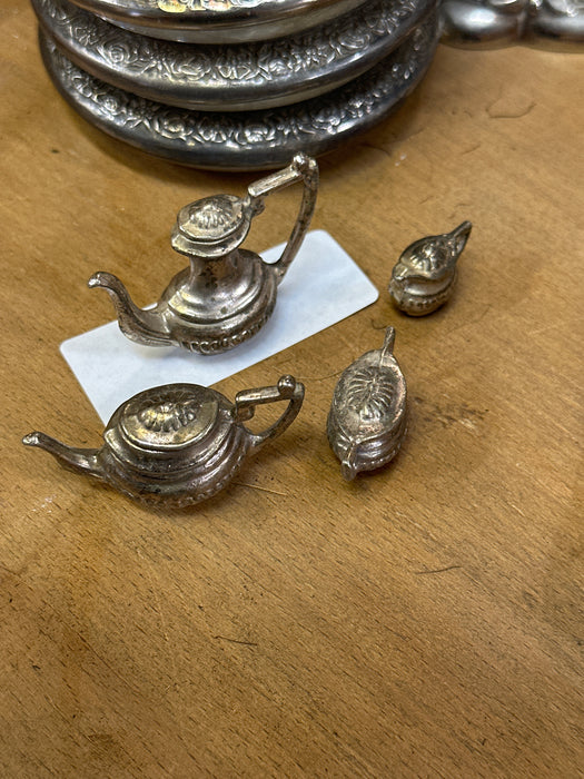 SET OF 4 TOY SILVER PLATE TEA POTS AND TRAY