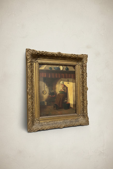 MEDIUM LATE 19TH CENTURY GILT FRAMED OIL PAINTING OF DUTCH WOMAN WORKING BY HEARTH - SIGNED