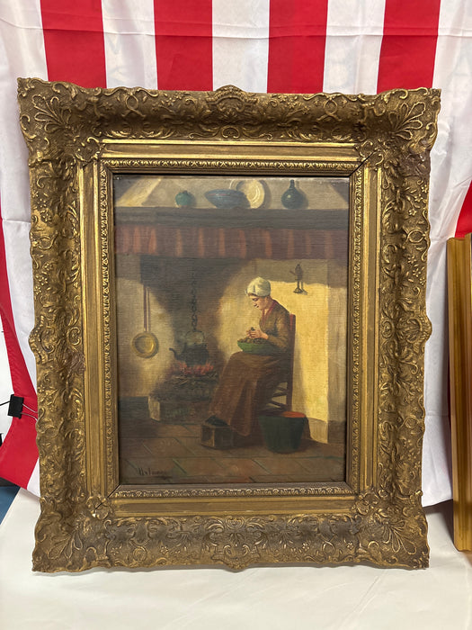 MEDIUM LATE 19TH CENTURY GILT FRAMED OIL PAINTING OF DUTCH WOMAN WORKING BY HEARTH - SIGNED
