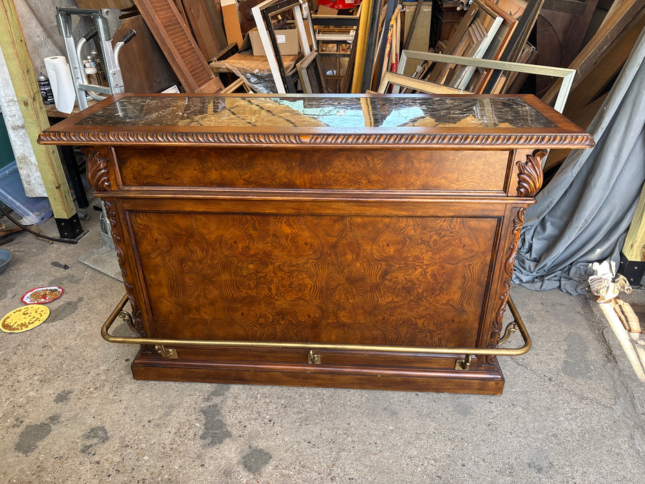 BURLED ASH WOOD MARBLE TOP BAR WITH LOCKING DOOR - NOT OLD - SEVEN SEAS COLLECTION BY HOOKER